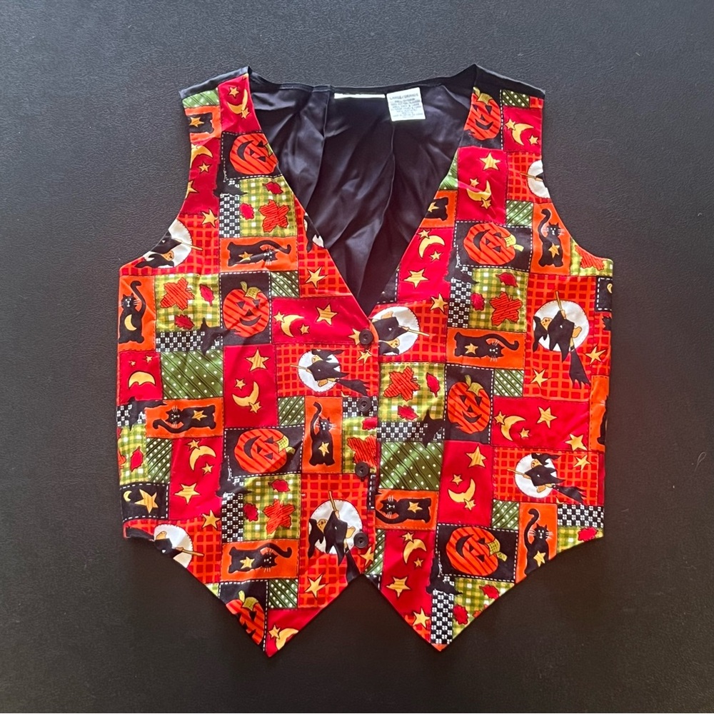 VTG Basic Editions Halloween Vest Witches Black Cats Pumpkins Novelty Size Large